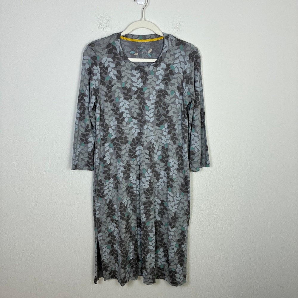 Gudrun Sjoden 3/4 Sleeve Midi Dress Women's S Grey Leaf Print Pockets Stretchy